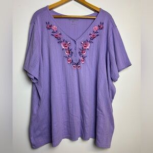 Woman Within Top Blouse Plus Size 3X Purple floral Short Sleeve Thermal Stretch